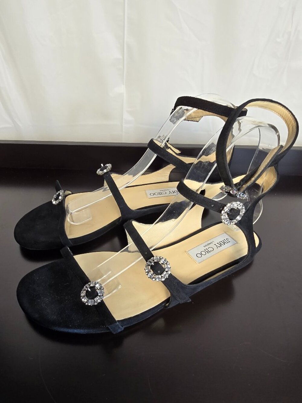 Authentic Jimmy Choo Naia Black Suede Flat Sandals Swarovski Crystals Size 9